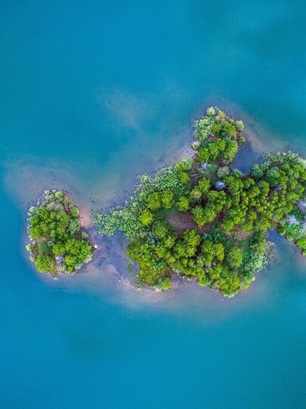 Drone picture of a small, green island